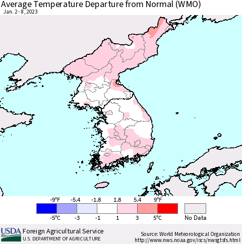 Korea Average Temperature Departure from Normal (WMO) Thematic Map For 1/2/2023 - 1/8/2023