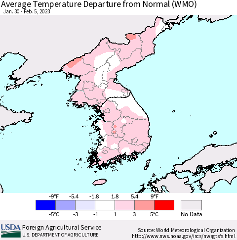 Korea Average Temperature Departure from Normal (WMO) Thematic Map For 1/30/2023 - 2/5/2023
