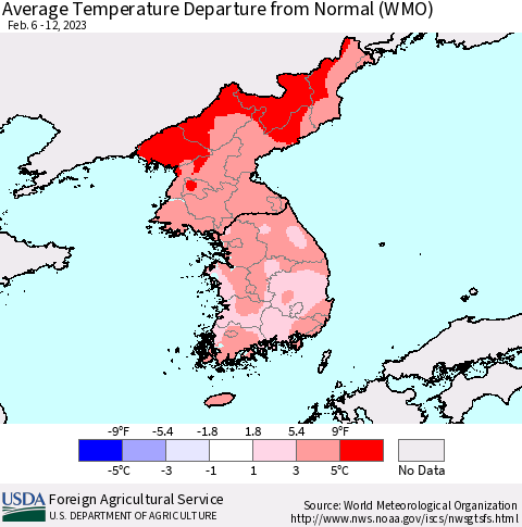 Korea Average Temperature Departure from Normal (WMO) Thematic Map For 2/6/2023 - 2/12/2023