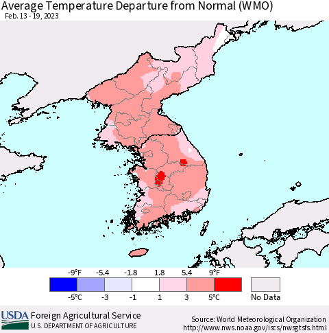 Korea Average Temperature Departure from Normal (WMO) Thematic Map For 2/13/2023 - 2/19/2023