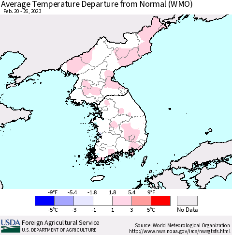 Korea Average Temperature Departure from Normal (WMO) Thematic Map For 2/20/2023 - 2/26/2023