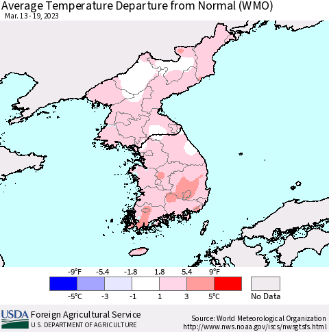 Korea Average Temperature Departure from Normal (WMO) Thematic Map For 3/13/2023 - 3/19/2023
