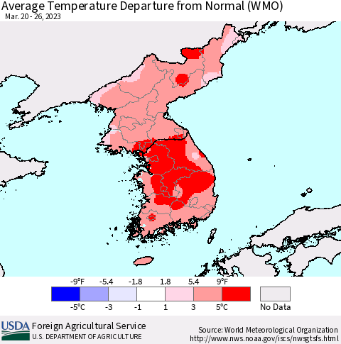 Korea Average Temperature Departure from Normal (WMO) Thematic Map For 3/20/2023 - 3/26/2023