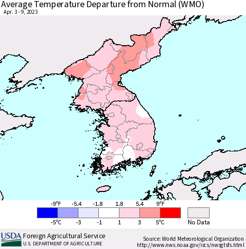 Korea Average Temperature Departure from Normal (WMO) Thematic Map For 4/3/2023 - 4/9/2023