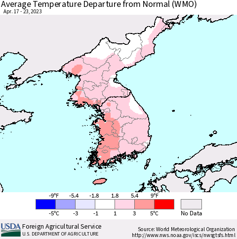 Korea Average Temperature Departure from Normal (WMO) Thematic Map For 4/17/2023 - 4/23/2023