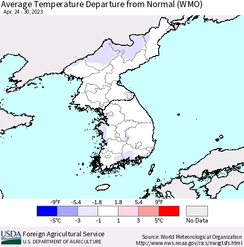 Korea Average Temperature Departure from Normal (WMO) Thematic Map For 4/24/2023 - 4/30/2023