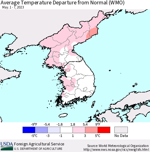 Korea Average Temperature Departure from Normal (WMO) Thematic Map For 5/1/2023 - 5/7/2023