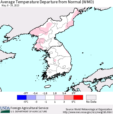 Korea Average Temperature Departure from Normal (WMO) Thematic Map For 5/8/2023 - 5/14/2023