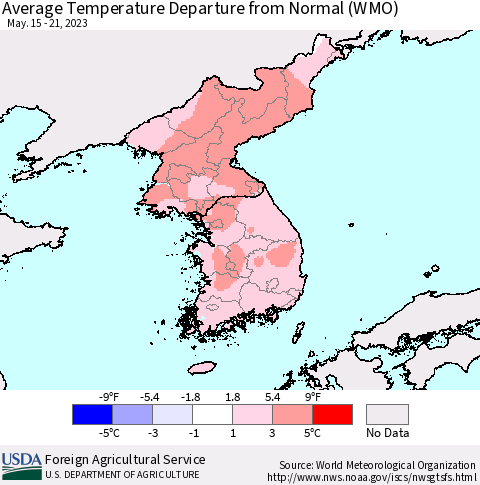 Korea Average Temperature Departure from Normal (WMO) Thematic Map For 5/15/2023 - 5/21/2023