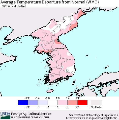 Korea Average Temperature Departure from Normal (WMO) Thematic Map For 5/29/2023 - 6/4/2023