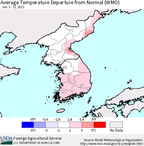 Korea Average Temperature Departure from Normal (WMO) Thematic Map For 6/5/2023 - 6/11/2023