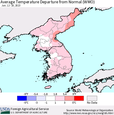Korea Average Temperature Departure from Normal (WMO) Thematic Map For 6/12/2023 - 6/18/2023