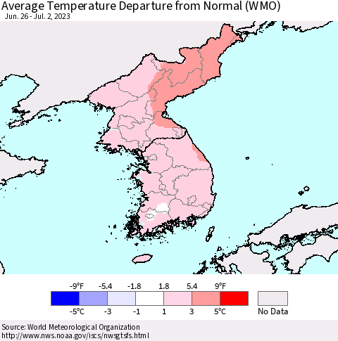 Korea Average Temperature Departure from Normal (WMO) Thematic Map For 6/26/2023 - 7/2/2023