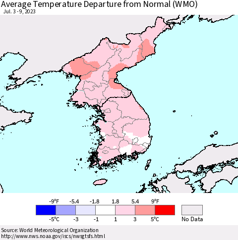 Korea Average Temperature Departure from Normal (WMO) Thematic Map For 7/3/2023 - 7/9/2023