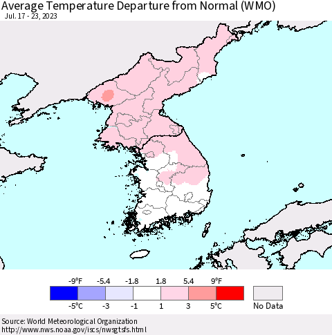 Korea Average Temperature Departure from Normal (WMO) Thematic Map For 7/17/2023 - 7/23/2023