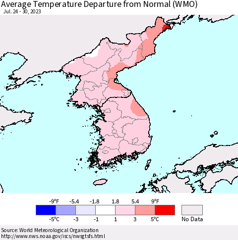 Korea Average Temperature Departure from Normal (WMO) Thematic Map For 7/24/2023 - 7/30/2023