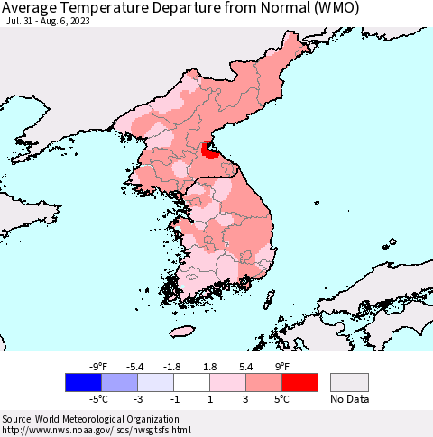 Korea Average Temperature Departure from Normal (WMO) Thematic Map For 7/31/2023 - 8/6/2023