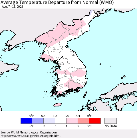 Korea Average Temperature Departure from Normal (WMO) Thematic Map For 8/7/2023 - 8/13/2023