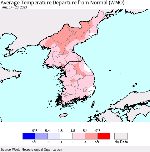 Korea Average Temperature Departure from Normal (WMO) Thematic Map For 8/14/2023 - 8/20/2023