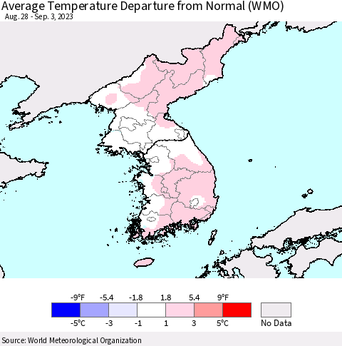 Korea Average Temperature Departure from Normal (WMO) Thematic Map For 8/28/2023 - 9/3/2023