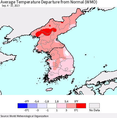 Korea Average Temperature Departure from Normal (WMO) Thematic Map For 9/4/2023 - 9/10/2023
