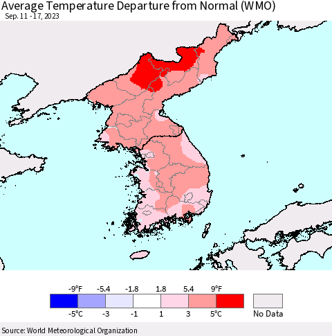 Korea Average Temperature Departure from Normal (WMO) Thematic Map For 9/11/2023 - 9/17/2023