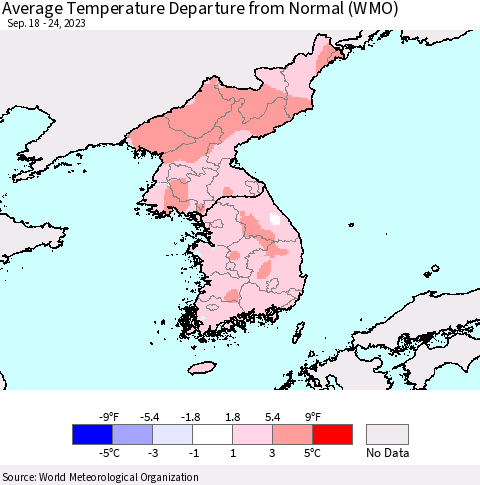 Korea Average Temperature Departure from Normal (WMO) Thematic Map For 9/18/2023 - 9/24/2023