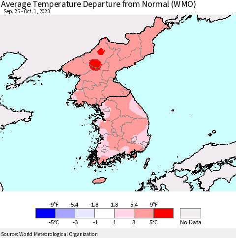Korea Average Temperature Departure from Normal (WMO) Thematic Map For 9/25/2023 - 10/1/2023