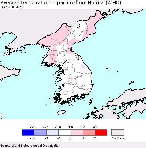 Korea Average Temperature Departure from Normal (WMO) Thematic Map For 10/2/2023 - 10/8/2023