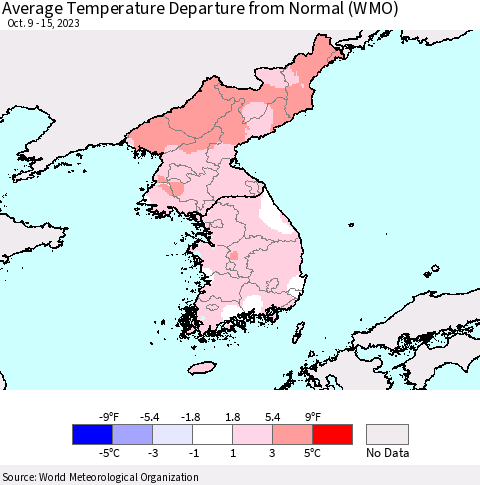 Korea Average Temperature Departure from Normal (WMO) Thematic Map For 10/9/2023 - 10/15/2023