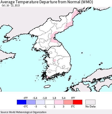 Korea Average Temperature Departure from Normal (WMO) Thematic Map For 10/16/2023 - 10/22/2023