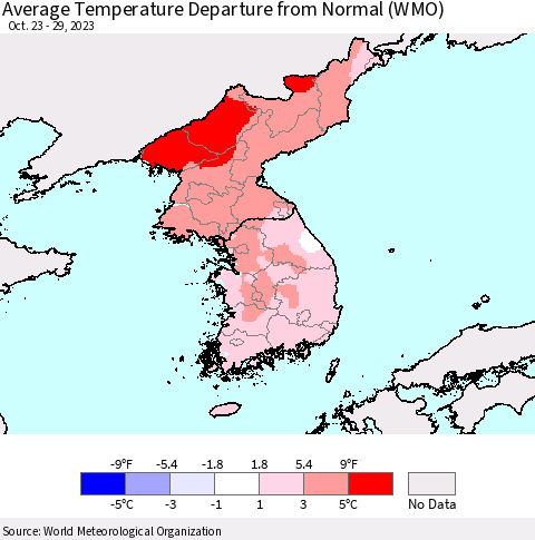 Korea Average Temperature Departure from Normal (WMO) Thematic Map For 10/23/2023 - 10/29/2023