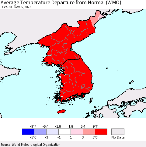 Korea Average Temperature Departure from Normal (WMO) Thematic Map For 10/30/2023 - 11/5/2023