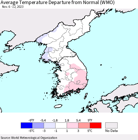 Korea Average Temperature Departure from Normal (WMO) Thematic Map For 11/6/2023 - 11/12/2023