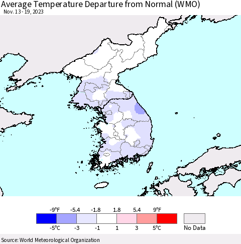 Korea Average Temperature Departure from Normal (WMO) Thematic Map For 11/13/2023 - 11/19/2023