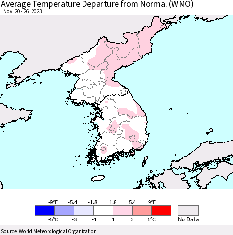Korea Average Temperature Departure from Normal (WMO) Thematic Map For 11/20/2023 - 11/26/2023