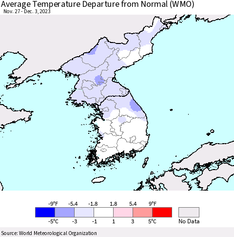 Korea Average Temperature Departure from Normal (WMO) Thematic Map For 11/27/2023 - 12/3/2023