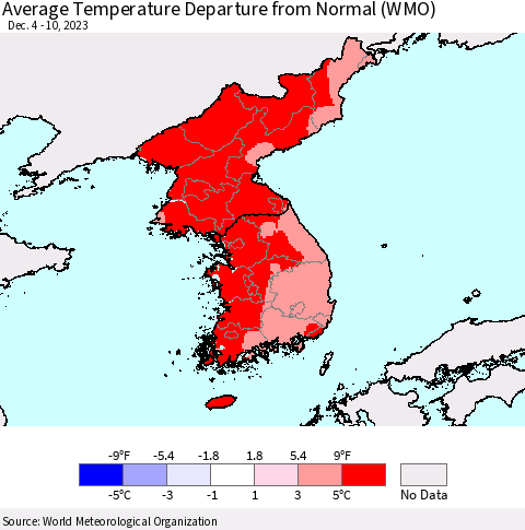Korea Average Temperature Departure from Normal (WMO) Thematic Map For 12/4/2023 - 12/10/2023