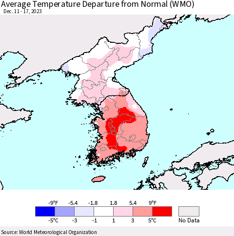 Korea Average Temperature Departure from Normal (WMO) Thematic Map For 12/11/2023 - 12/17/2023