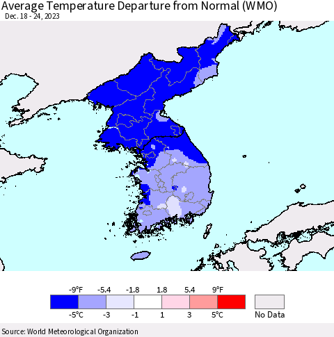 Korea Average Temperature Departure from Normal (WMO) Thematic Map For 12/18/2023 - 12/24/2023