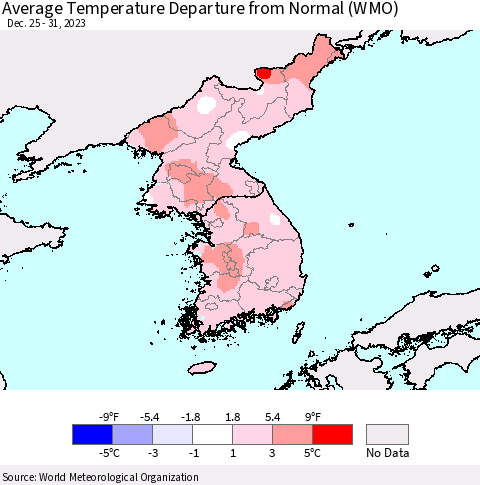 Korea Average Temperature Departure from Normal (WMO) Thematic Map For 12/25/2023 - 12/31/2023