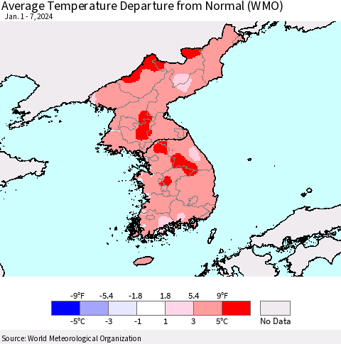 Korea Average Temperature Departure from Normal (WMO) Thematic Map For 1/1/2024 - 1/7/2024