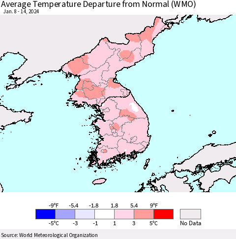 Korea Average Temperature Departure from Normal (WMO) Thematic Map For 1/8/2024 - 1/14/2024