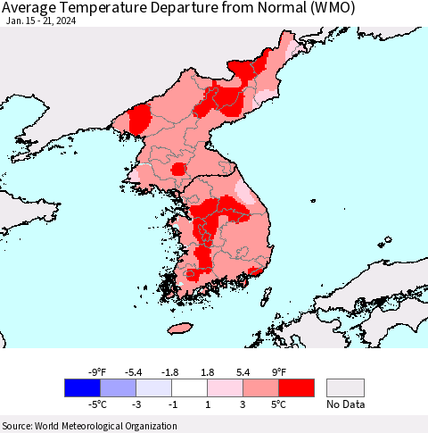 Korea Average Temperature Departure from Normal (WMO) Thematic Map For 1/15/2024 - 1/21/2024