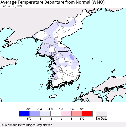 Korea Average Temperature Departure from Normal (WMO) Thematic Map For 1/22/2024 - 1/28/2024