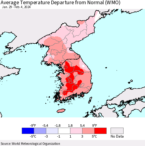 Korea Average Temperature Departure from Normal (WMO) Thematic Map For 1/29/2024 - 2/4/2024
