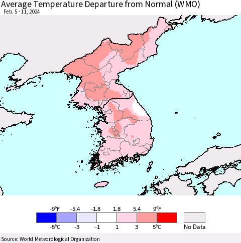 Korea Average Temperature Departure from Normal (WMO) Thematic Map For 2/5/2024 - 2/11/2024