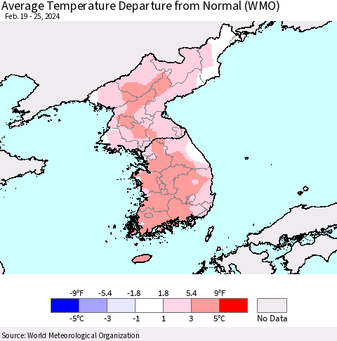 Korea Average Temperature Departure from Normal (WMO) Thematic Map For 2/19/2024 - 2/25/2024