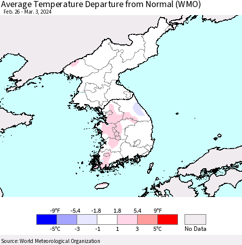 Korea Average Temperature Departure from Normal (WMO) Thematic Map For 2/26/2024 - 3/3/2024