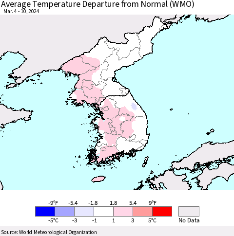 Korea Average Temperature Departure from Normal (WMO) Thematic Map For 3/4/2024 - 3/10/2024